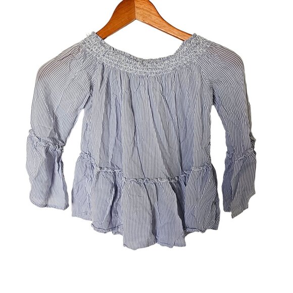 American Eagle Blue White Striped Off Shoulder Bell Sleeve Top Blouse S Small‎ - Picture 6 of 7
